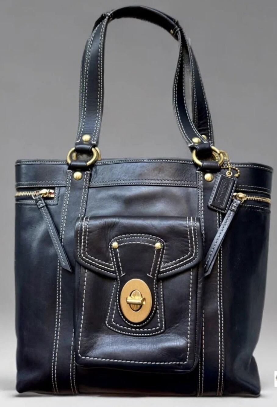 Y2k Coach Gigi Tote Bag Black Leather Brass Hardware Turnlock Top Handle